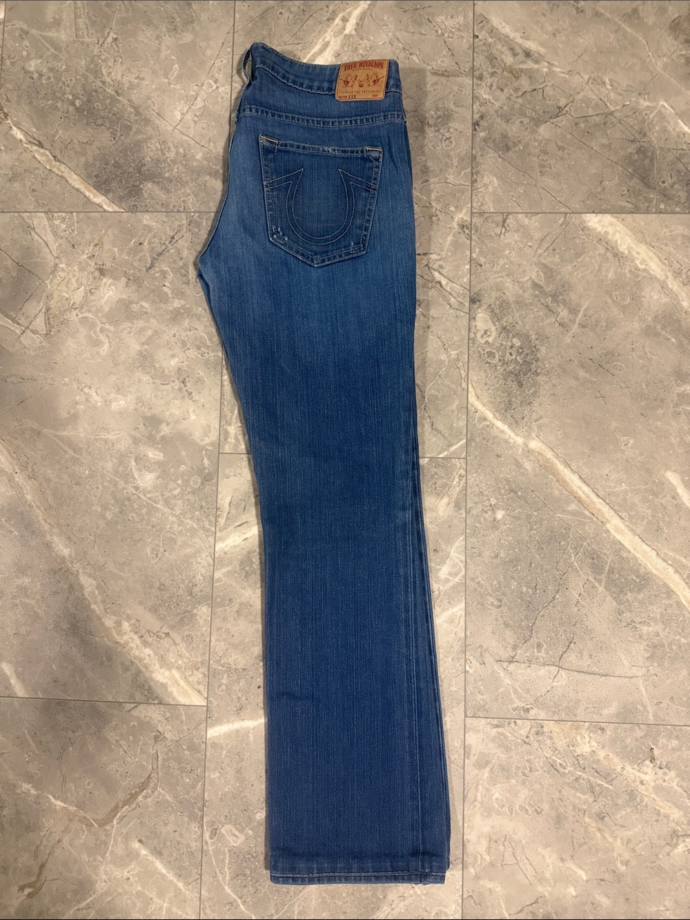 True Religion JOHNNY Blue Flare Jeans with Signature Back Pocket
